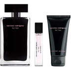 Set of Narciso Rodriguez perfume and body products on a white background