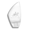 A white teardrop-shaped glass candle holder with a frosted finish, featuring a gray engraved winged creature logo and the word 'SCULPTURE' on the front, set against a plain white background with a soft shadow.