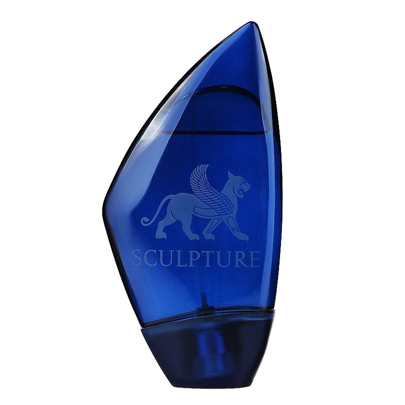A sculptural, faceted blue glass bottle for Sculpture fragrance, featuring an etched winged lion emblem and the brand name 'SCULPTURE' on a clean white background.