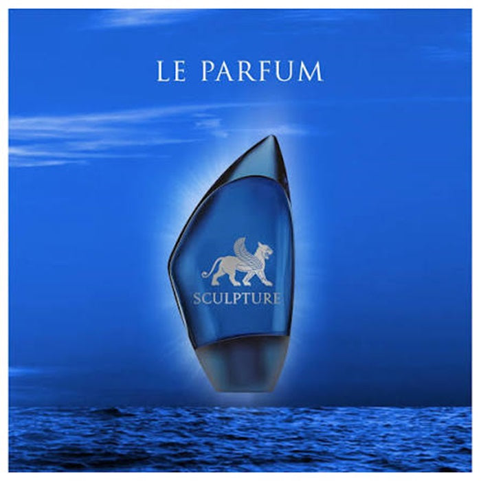 A blue glass perfume bottle labeled 'SCULPTURE' with a white lion emblem, floating against a blue ocean and sky background with the text 'LE PARFUM' above.
