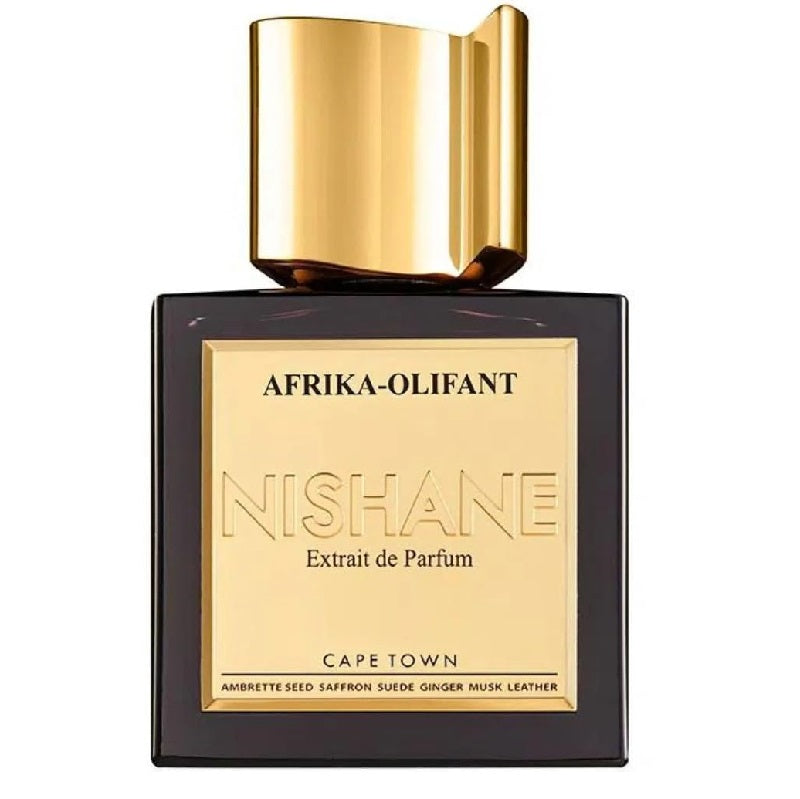 A bottle of Nishane Afrika Olifant Extrait de Parfum with a dark label and a gold-colored cap.
