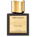 A bottle of Nishane Afrika Olifant Extrait de Parfum with a dark label and a gold-colored cap.