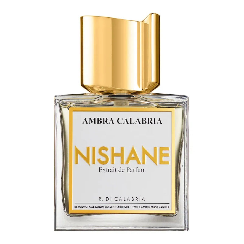 A square-shaped glass bottle of Ambra Calabria Extrait de Parfum by Nishane with a clear label and a gold-colored cap.
