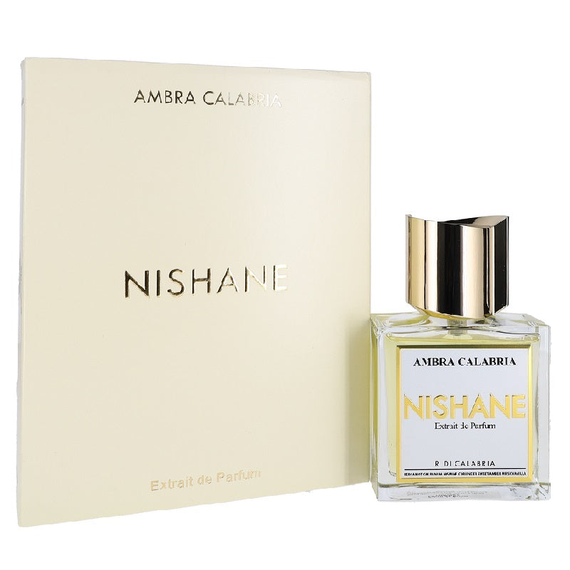 A product image featuring a 50ml bottle of Nishane Ambra Calabria perfume with its packaging. The bottle has a gold cap and the packaging is in a shade of cream with the brand and product name displayed.