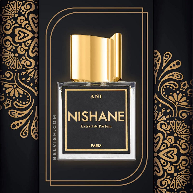 A rectangular glass perfume bottle with a shiny gold cap and a black label reading 'ANI NISHANE Extrait de Parfum PARIS', centered on a black background with ornate gold decorative patterns and thin gold border lines.