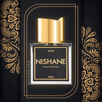 A rectangular glass perfume bottle with a shiny gold cap and a black label reading 'ANI NISHANE Extrait de Parfum PARIS', centered on a black background with ornate gold decorative patterns and thin gold border lines.