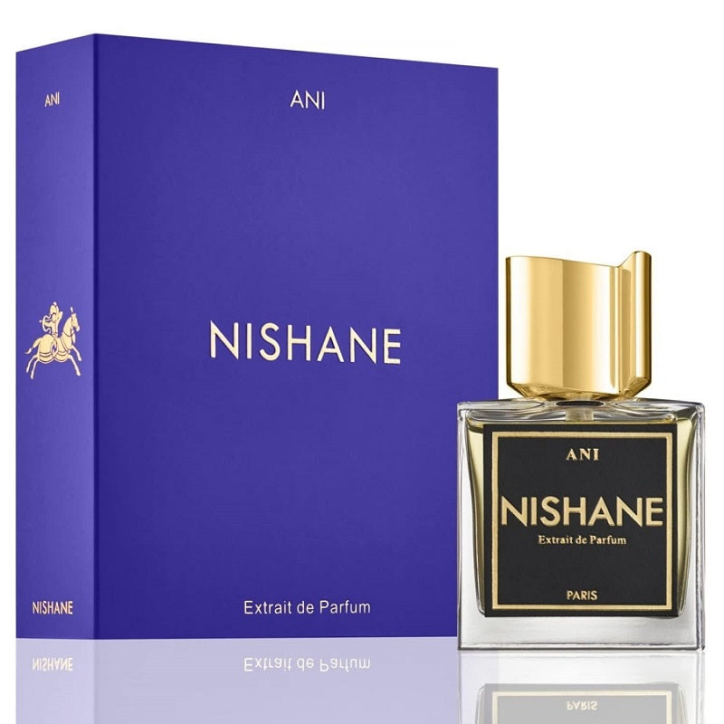 A product image featuring a black bottle of Nishane Ani Extrait de Parfum with a gold cap, alongside a purple box with the brand name and logo.