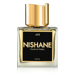 A square glass bottle of Nishane Ani Extrait de Parfum with a black label and a gold-colored cap.