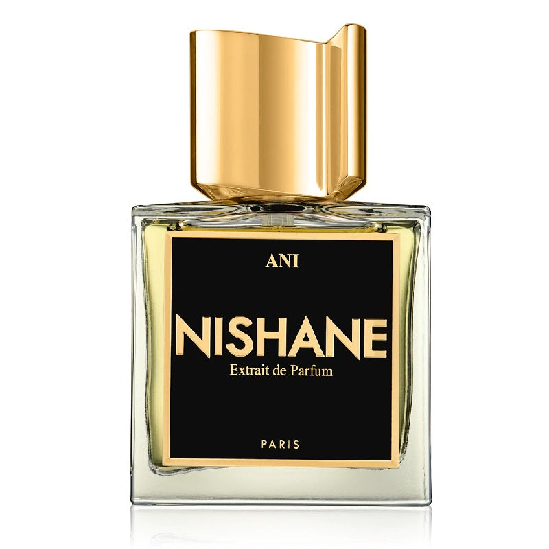 A square glass bottle of Nishane Ani Extrait de Parfum with a black label and a gold-colored cap.