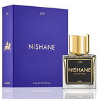 A product image featuring a 50ml bottle of Nishane Ani Extrait de Parfum with a gold cap, alongside its purple packaging box.