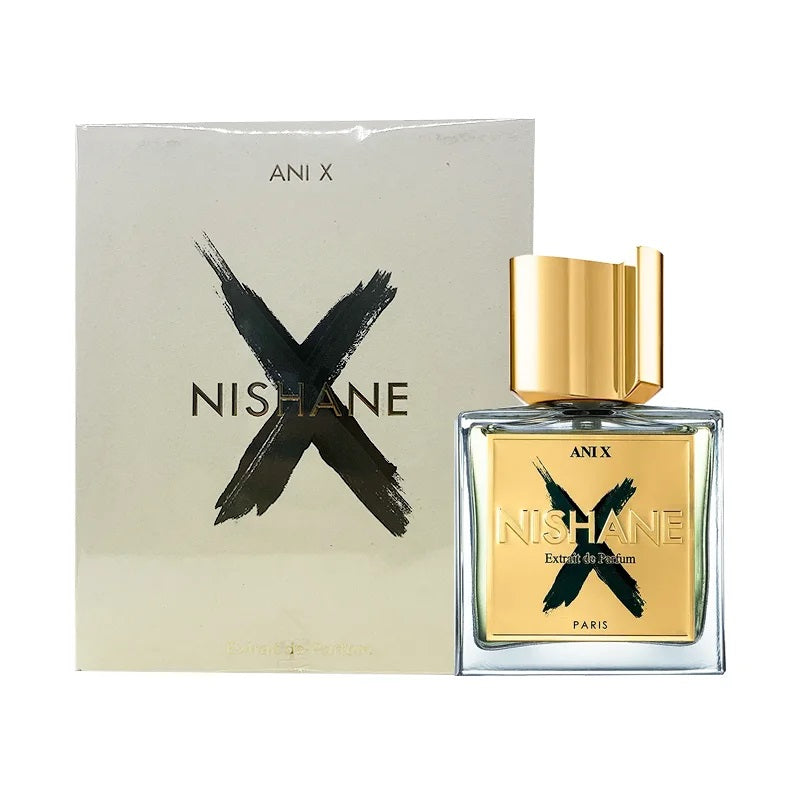A product image featuring a 50ml bottle of Nishane Ani X Extrait de Parfum, with a gold cap and a label that includes the name 'ANI X' and the brand 'NISHANE'. The perfume is presented alongside its packaging which has a similar design.
