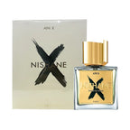 A product image featuring a 50ml bottle of Nishane Ani X Extrait de Parfum, with a gold cap and a label that includes the name 'ANI X' and the brand 'NISHANE'. The perfume is presented alongside its packaging which has a similar design.