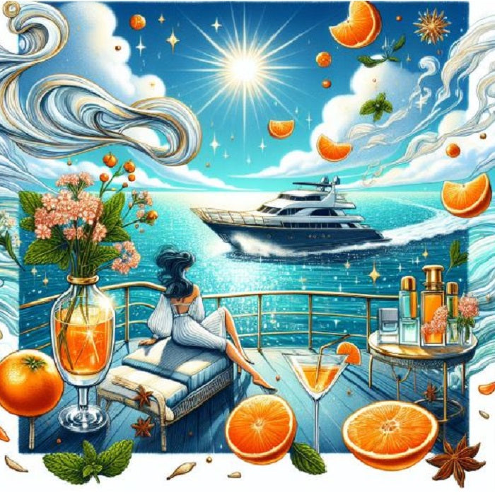 A vibrant digital illustration of a luxurious yacht on a sunny blue ocean, surrounded by citrus fruits, flowers, a cocktail glass, and a woman lounging on a deck chair on a balcony.
