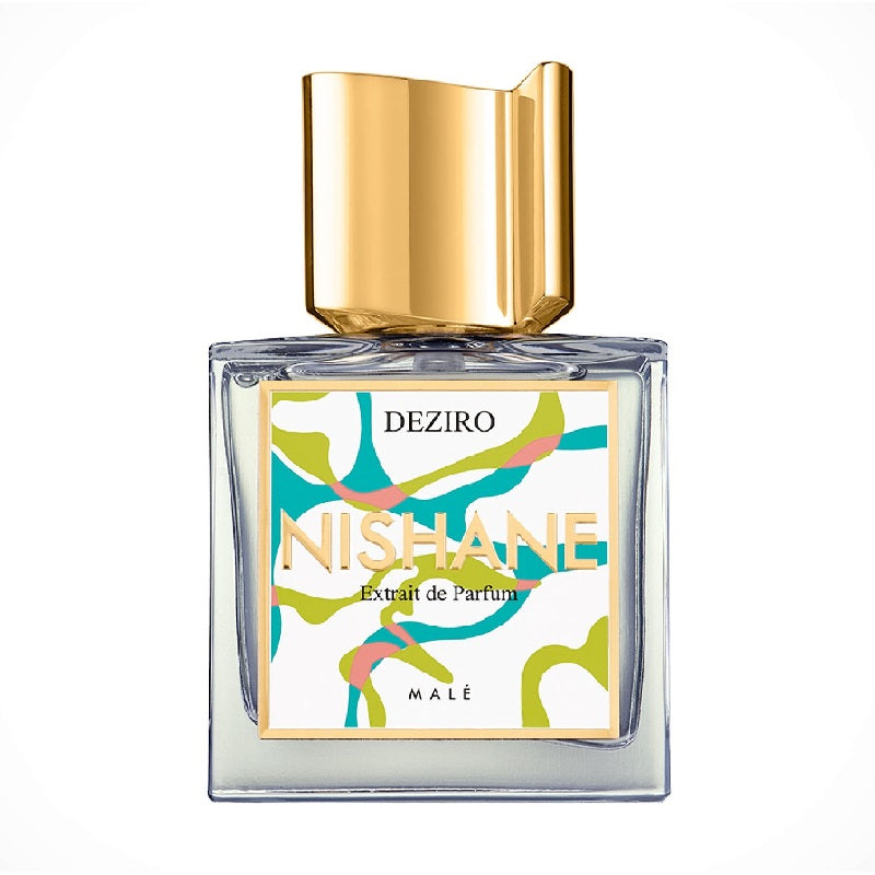 A bottle of Deziro Extrait de Parfum by Nishane with a colorful label and a gold cap.