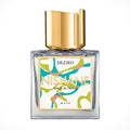 A bottle of Deziro Extrait de Parfum by Nishane with a colorful label and a gold cap.