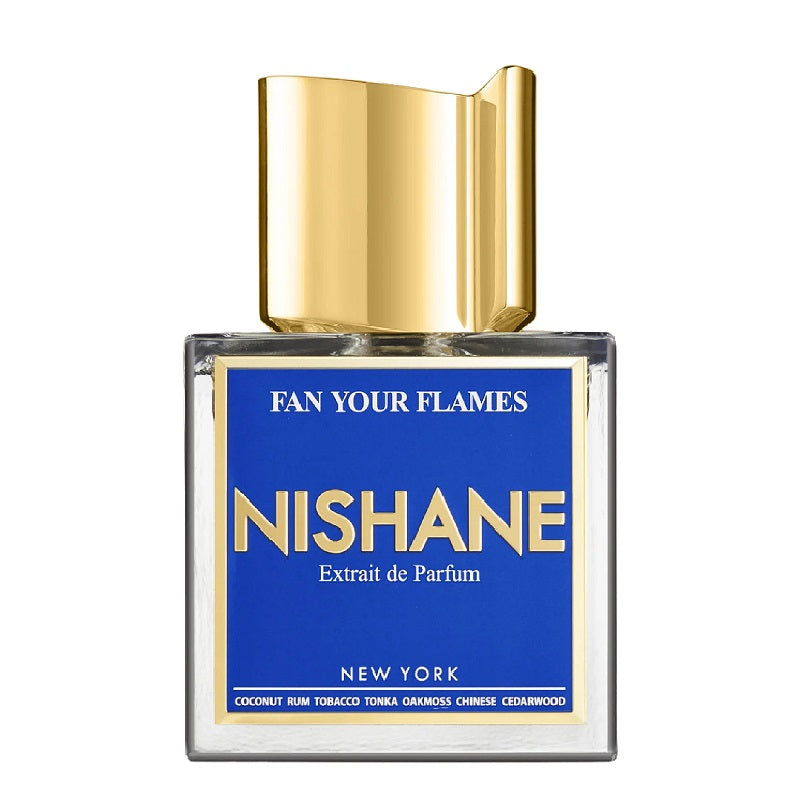 A bottle of 'Fan Your Flames' Extrait de Parfum by Nishane with a blue label and a gold-colored cap.