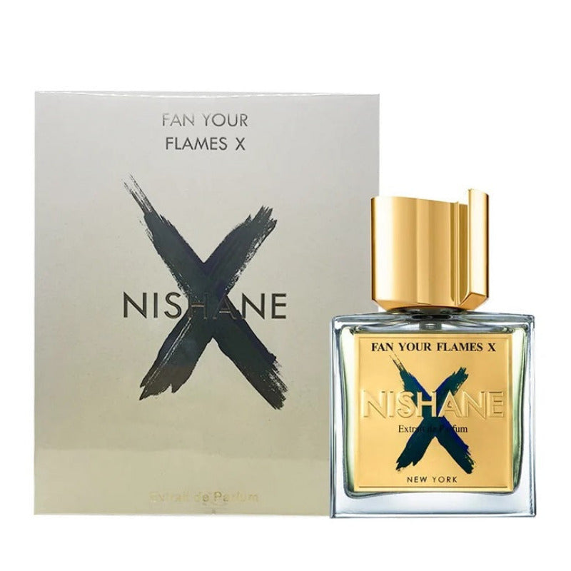 A product image featuring a 50ml bottle of 'Fan Your Flames X' perfume by Nishane, with a gold cap, next to its packaging that has a black and white design with the brand name.