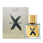 A product image featuring a 50ml bottle of 'Fan Your Flames X' perfume by Nishane, with a gold cap, next to its packaging that has a black and white design with the brand name.