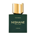A green bottle of Favonios London Extrait de Parfum by Nishane with a gold-colored cap.
