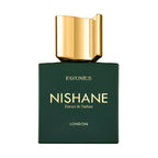 A green bottle of Favonios London Extrait de Parfum by Nishane with a gold-colored cap.