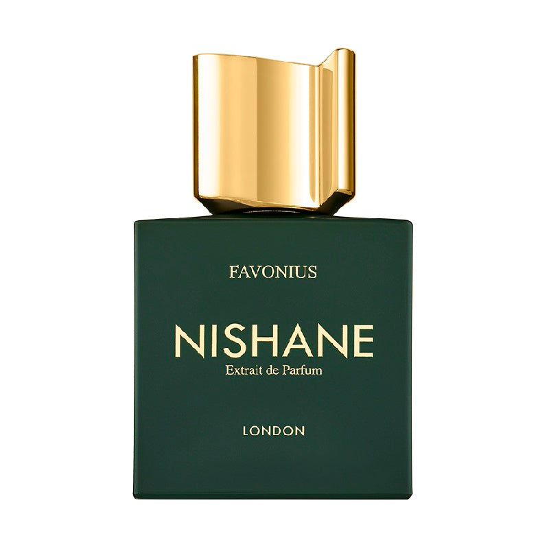 A green bottle of Favonios London Extrait de Parfum by Nishane with a gold-colored cap.