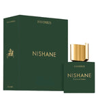 Product image showing a green box and packaging with 'NISHANE' written on it, alongside a small, square-shaped perfume bottle with a gold cap.