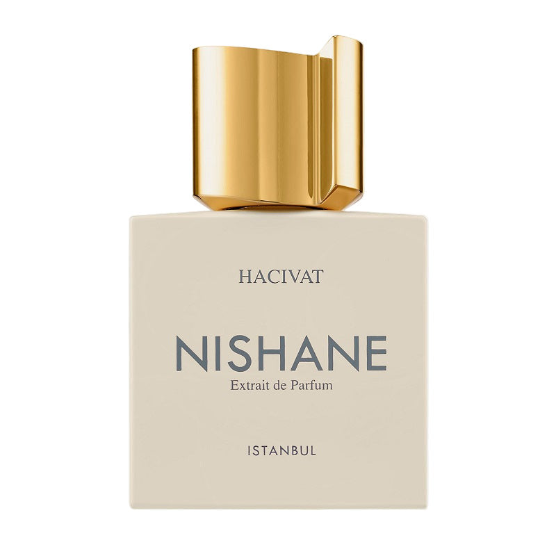 Nishane Hacivat perfume bottle with gold cap on a white background