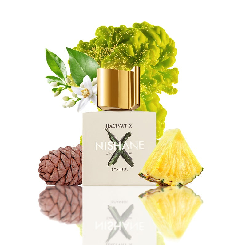 Nishane Hacivat X perfume bottle with floral elements on a white background