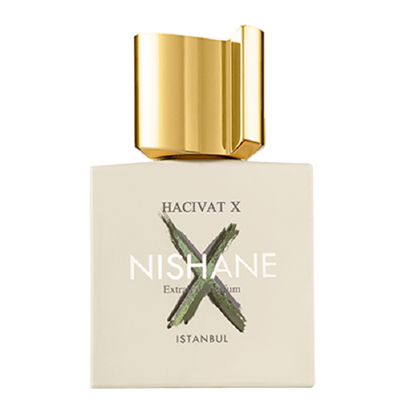 Nishane Hacivat X perfume bottle with gold cap on a white background