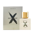 A product image featuring a 50ml bottle of Nishane Hacivat X Extrait de Parfum, with a distinctive packaging in gold and black colors.