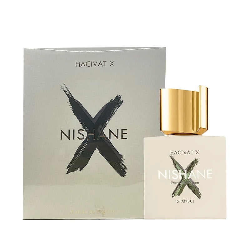 A product image featuring a 50ml bottle of Nishane Hacivat X Extrait de Parfum, with a distinctive packaging in gold and black colors.