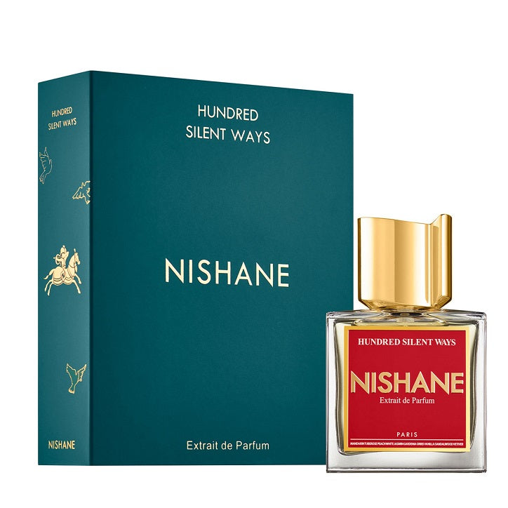 A product image featuring a 50ml bottle of 'Hundred Silent Ways' extract de parfum by Nishane. The bottle has a gold cap and is displayed in front of a teal box with the Nishane brand logo and name.