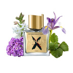 Nishane perfume bottle with flowers on a white background