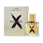 A product image featuring a perfume bottle with a gold cap and a label that reads 'Hundred Silent Ways X' by Nishane. The perfume bottle is accompanied by a card with the same text and a gold design.