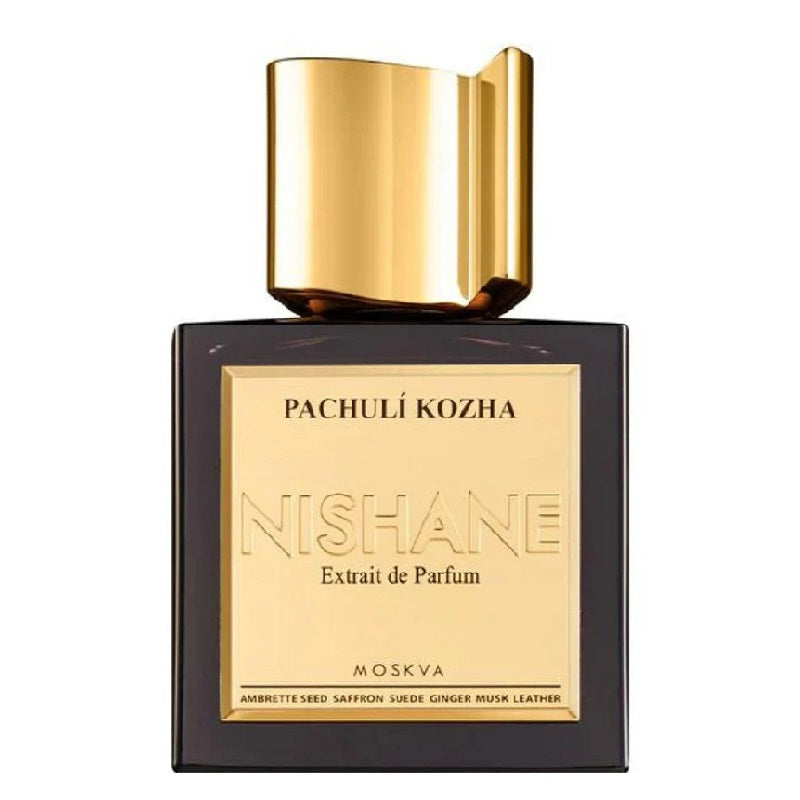 A bottle of Pachuli Kozha Extrait de Parfum by Nishane with a black label and gold accents.