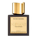 A bottle of Pachuli Kozha Extrait de Parfum by Nishane with a black label and gold accents.