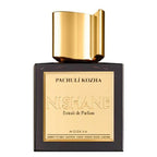 A bottle of Pachuli Kozha Extrait de Parfum by Nishane with a black label and gold accents.