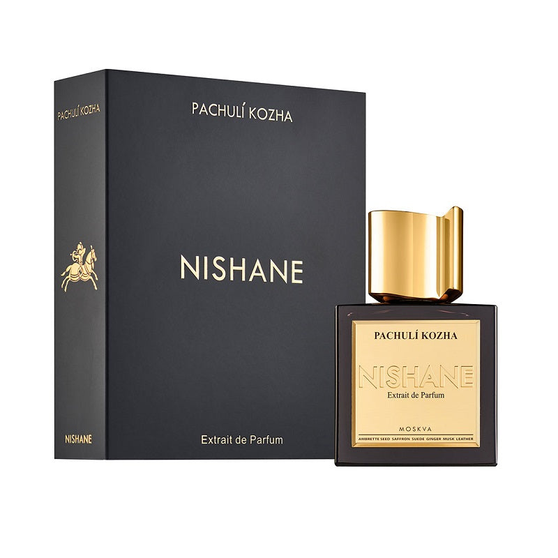 A product image featuring a black box with the brand name 'NISHANE' and a gold cap bottle of 'PACHULI KOZHA' perfume.