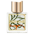 Perfume bottle with gold cap and decorative label on a white background
