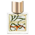 Perfume bottle with gold cap and decorative label on a white background
