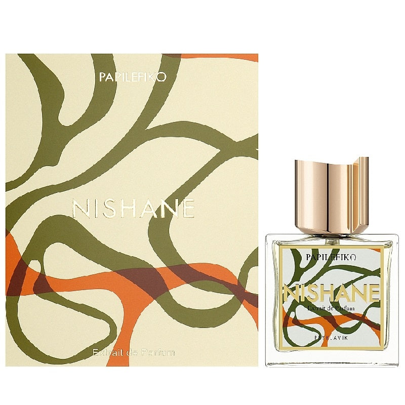 Nishane perfume bottle and packaging with abstract design on a white background