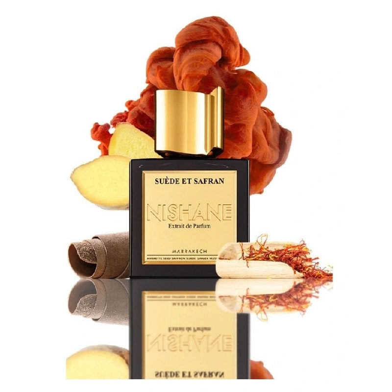 Nishane Suede et Safran perfume bottle with decorative elements on a white background