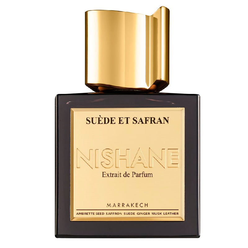 Nishane Sède et Safran perfume bottle with gold cap on a white background
