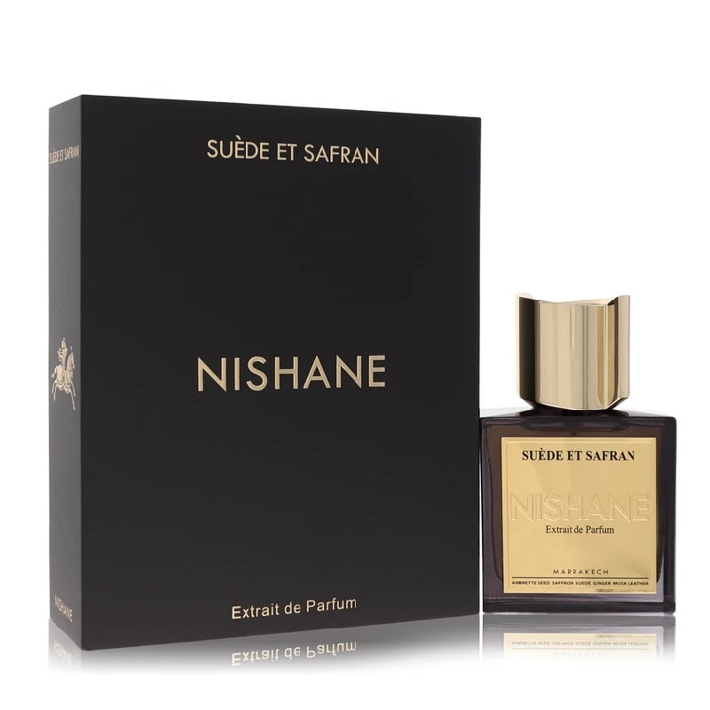 Nishane Suede et Safran perfume bottle and packaging on a white background