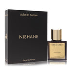 Nishane Suede et Safran perfume bottle and packaging on a white background