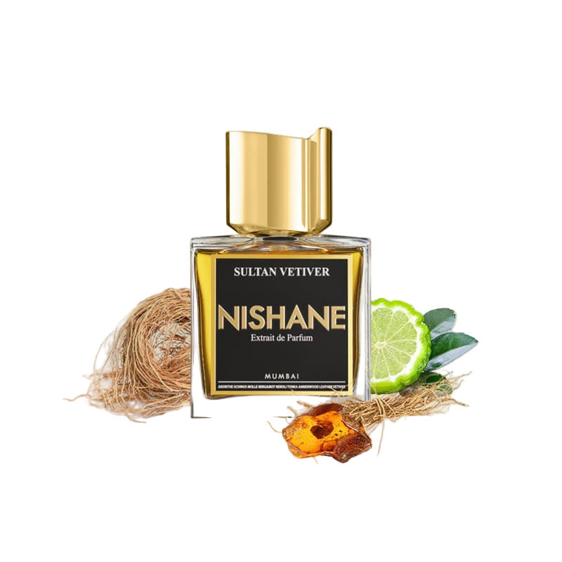 Nishane Sultan Vetiver perfume bottle with natural elements on a white background