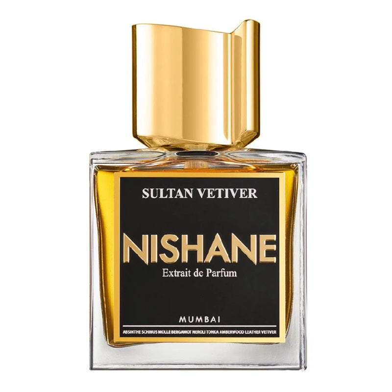 A square glass bottle of Sultan Vetiver Extrait de Parfum by Nishane with a black label and a gold-colored cap.