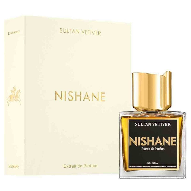 A product image featuring a perfume bottle and box with the brand name NISHANE and the product name SULTAN VETIVER prominently displayed.