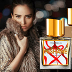 A woman in a fur-trimmed embellished dress poses beside a rectangular perfume bottle labeled NISHANE TEMPFLUO, with a large gold cap, on a dark blurred background.
