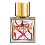 A square-shaped perfume bottle with a clear glass body and a gold-colored cap. The label features the brand name NISHANE in red and white text.